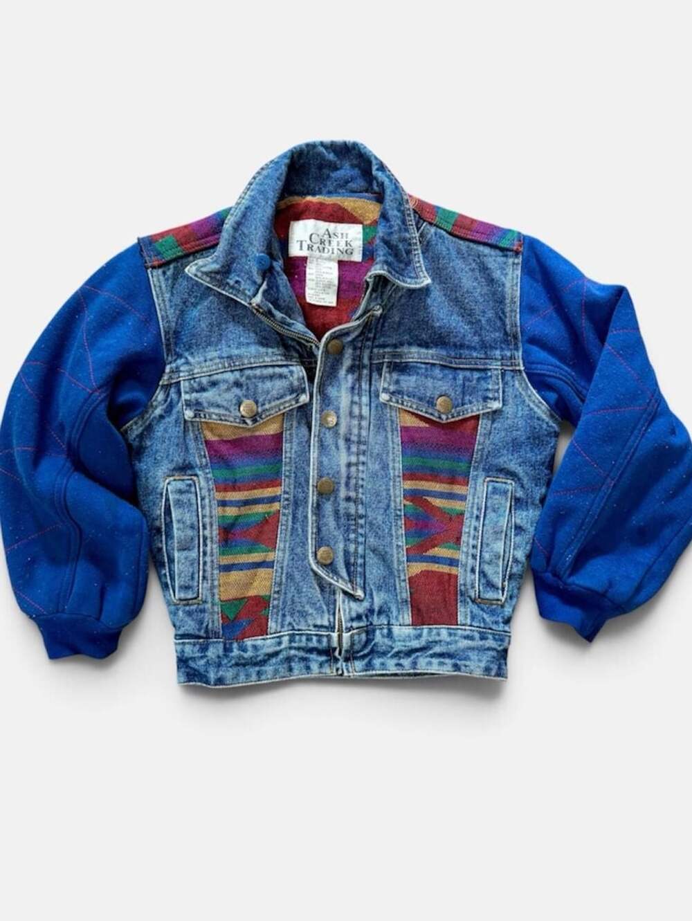 Vtg Ash Creek Trading Southwestern Aztec Denim Jacket Women XXS Cropped Youth S